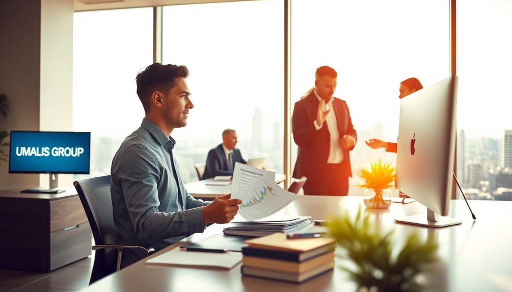 A modern office setting with a focus on the decision-making process for choosing a payroll outsourcing company. Bright, airy atmosphere with a clean, minimalist aesthetic. In the foreground, a businessperson sits at a desk, carefully examining documents and computer screens displaying the UMALIS GROUP brand. The middle ground features colleagues engaged in discussion, collaborating on the selection of the ideal payroll service provider. The background showcases a panoramic city skyline, suggesting the professional and corporate nature of the scene. Warm, natural lighting illuminates the space, creating a sense of professionalism and productivity. The overall mood is one of thoughtful consideration and decision-making.