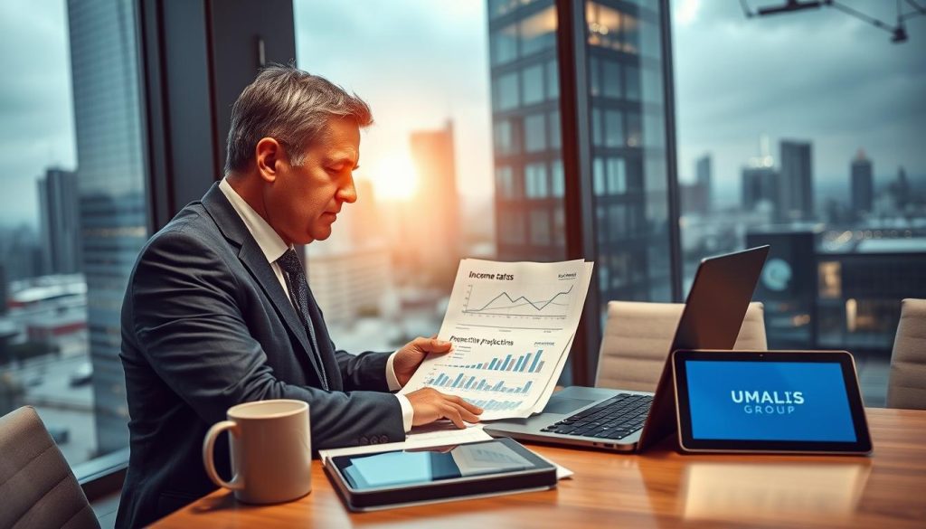 A modern office setting with a focused business professional, a middle-aged man in a tailored suit, is engaged in analyzing financial data on a sleek laptop. He is surrounded by documents and charts depicting income simulations, financial projections, and graphs related to portage salarial. In the background, a large window reveals a bustling cityscape, bathed in soft, natural light that creates a professional and productive atmosphere. The table is neat, with a coffee mug and a digital tablet showing the logo "UMALIS GROUP." The scene captures the essence of financial analysis and strategic planning, evoking a sense of clarity and foresight. The angle is slightly elevated, showcasing the professional deep in thought and analysis. A modern office setting with a focused business professional, a middle-aged man in a tailored suit, is engaged in analyzing financial data on a sleek laptop. He is surrounded by documents and charts depicting income simulations, financial projections, and graphs related to portage salarial. In the background, a large window reveals a bustling cityscape, bathed in soft, natural light that creates a professional and productive atmosphere. The table is neat, with a coffee mug and a digital tablet showing the logo "UMALIS GROUP." The scene captures the essence of financial analysis and strategic planning, evoking a sense of clarity and foresight. The angle is slightly elevated, showcasing the professional deep in thought and analysis.