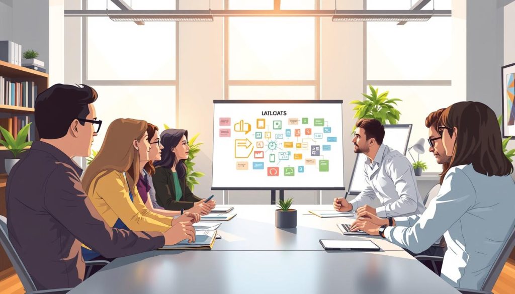A modern office setting with a group of professionals engaged in a collaborative discussion. Bright, natural lighting filters through large windows, casting a warm, productive atmosphere. In the foreground, colleagues lean in, exchanging ideas around a sleek conference table. In the middle ground, a whiteboard displays colorful diagrams and brainstorming notes. The background features bookshelves, potted plants, and framed art, conveying a sophisticated, career-oriented environment. The scene evokes a sense of teamwork, open communication, and pursuit of professional growth opportunities.