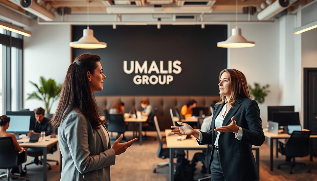 A modern office setting with a large, open workspace. In the foreground, two business professionals, a man and a woman, are engaged in a discussion, gesturing animatedly. They are dressed in formal attire, conveying a sense of professionalism. In the middle ground, several other employees are collaborating at their desks, utilizing laptops and various office equipment. The background features the UMALIS GROUP logo prominently displayed on a wall, along with stylish, minimalist decor that creates a sleek, sophisticated atmosphere. Warm, directional lighting from overhead fixtures casts a gentle glow, highlighting the collaborative nature of the scene. The overall mood is one of productivity, engagement, and the seamless integration of the client company within the UMALIS GROUP portage salarial framework.