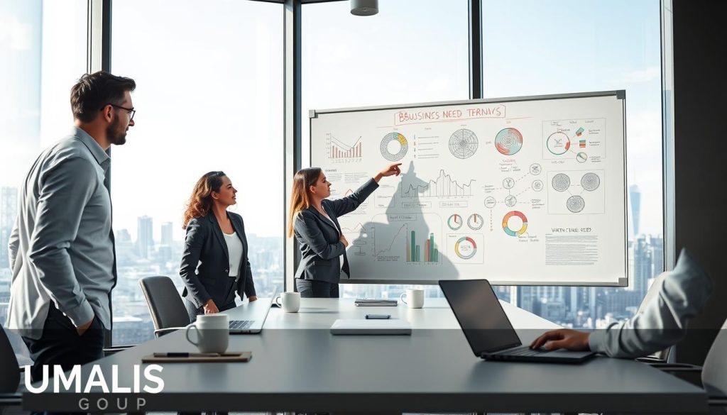 A modern office setting with a large whiteboard covered in charts and diagrams related to artificial intelligence and business needs. In the foreground, a diverse group of professionals in business attire—two men and two women—are engaged in a focused discussion, pointing at the whiteboard. The middle ground features a sleek conference table with laptops, notepads, and coffee cups, emphasizing collaboration. The background has glass windows that showcase a city skyline with a bright, clear sky, and soft, natural light pours into the room, creating an optimistic atmosphere. The mood should reflect curiosity and determination, illustrating the process of verifying AI solutions against business challenges. Include the branding element "UMALIS GROUP" subtly in the design.