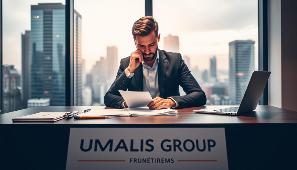 A modern office setting with a large window overlooking a bustling city skyline. In the foreground, a neatly organized desk showcases the "UMALIS GROUP" branding, conveying a sense of professionalism and expertise. The middle ground features a well-dressed business executive, deep in thought, surrounded by documents and a laptop, symbolizing the foundations of the "cadre légal portage salarial" concept. The background is softly lit, creating a warm and inviting atmosphere, hinting at the advantages of the salarial portage system for managers.