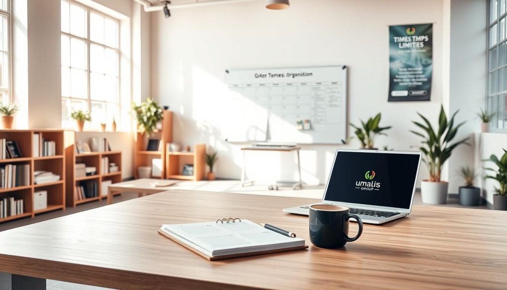 A modern office setting with a minimalist design, filled with natural light streaming through large windows. In the foreground, a sleek wooden desk with a laptop, a planner, and a cup of coffee, symbolizing clear organization and time management. In the middle ground, a whiteboard displaying a schedule and to-do lists, reflecting the concept of "gestion temps limites claires organisation". The background features bookshelves and potted plants, creating a calm and productive atmosphere. Umalis Group branding is subtly incorporated into the decor, such as a logo on the planner or a banner on the wall. A modern office setting with a minimalist design, filled with natural light streaming through large windows. In the foreground, a sleek wooden desk with a laptop, a planner, and a cup of coffee, symbolizing clear organization and time management. In the middle ground, a whiteboard displaying a schedule and to-do lists, reflecting the concept of "gestion temps limites claires organisation". The background features bookshelves and potted plants, creating a calm and productive atmosphere. Umalis Group branding is subtly incorporated into the decor, such as a logo on the planner or a banner on the wall.