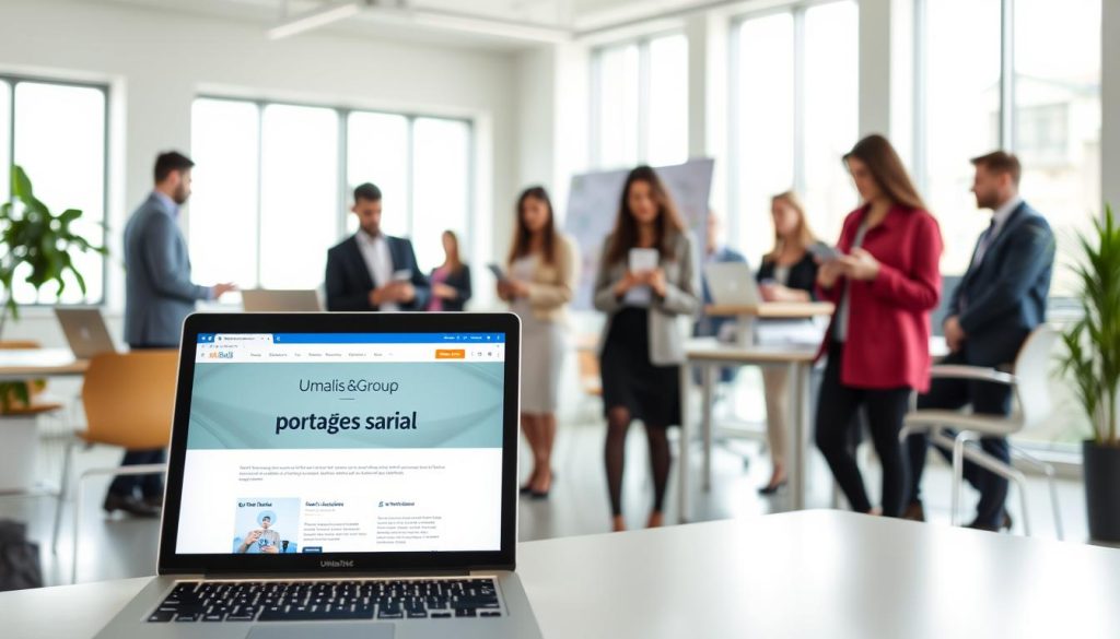 A modern office setting with a minimalist, sleek design. In the foreground, a laptop displays the Umalis Group website, showcasing their portage salarial services. In the middle ground, professionals engage on various social media platforms, networking and searching for job opportunities. The background features a clean, well-lit space with large windows, creating a bright and airy atmosphere. The lighting is natural, complementing the modern, tech-savvy ambiance. The overall mood is one of productivity, connectivity, and the seamless integration of traditional and digital job-seeking methods.