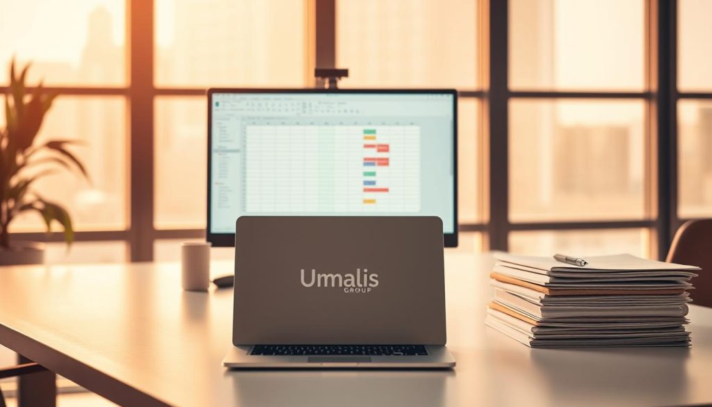 A modern office setting with a minimalist, well-organized administrative workstation. In the foreground, a computer monitor displays a spreadsheet or scheduling software, representing the administrative management tasks. The middle ground features a neatly arranged desk with a Umalis Group branded laptop, a pen holder, and a stack of neatly organized folders. The background showcases large windows, letting in warm, natural lighting that casts a calming, professional atmosphere. The overall scene conveys efficiency, organization, and the seamless management of administrative duties, as expected from the Umalis Group's services.