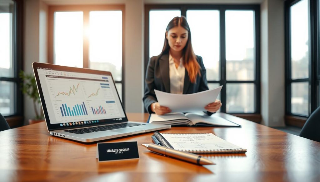 A modern office setting with a polished wooden desk in the foreground, featuring a well-organized laptop displaying spreadsheets and financial graphs. On the desk, a professional-looking notepad contains notes on choosing a portage salarial company, with a sleek pen resting beside it. In the middle ground, a confident businesswoman in professional attire reviews documents, her expression focused and determined. The background showcases large windows with natural light streaming in, illuminating the workspace and creating a bright, motivational atmosphere. The overall mood is one of professionalism and clarity, reflecting the idea of informed financial decision-making. Subtly incorporate the brand name "UMALIS GROUP" on a business card placed on the desk. A modern office setting with a polished wooden desk in the foreground, featuring a well-organized laptop displaying spreadsheets and financial graphs. On the desk, a professional-looking notepad contains notes on choosing a portage salarial company, with a sleek pen resting beside it. In the middle ground, a confident businesswoman in professional attire reviews documents, her expression focused and determined. The background showcases large windows with natural light streaming in, illuminating the workspace and creating a bright, motivational atmosphere. The overall mood is one of professionalism and clarity, reflecting the idea of informed financial decision-making. Subtly incorporate the brand name "UMALIS GROUP" on a business card placed on the desk.