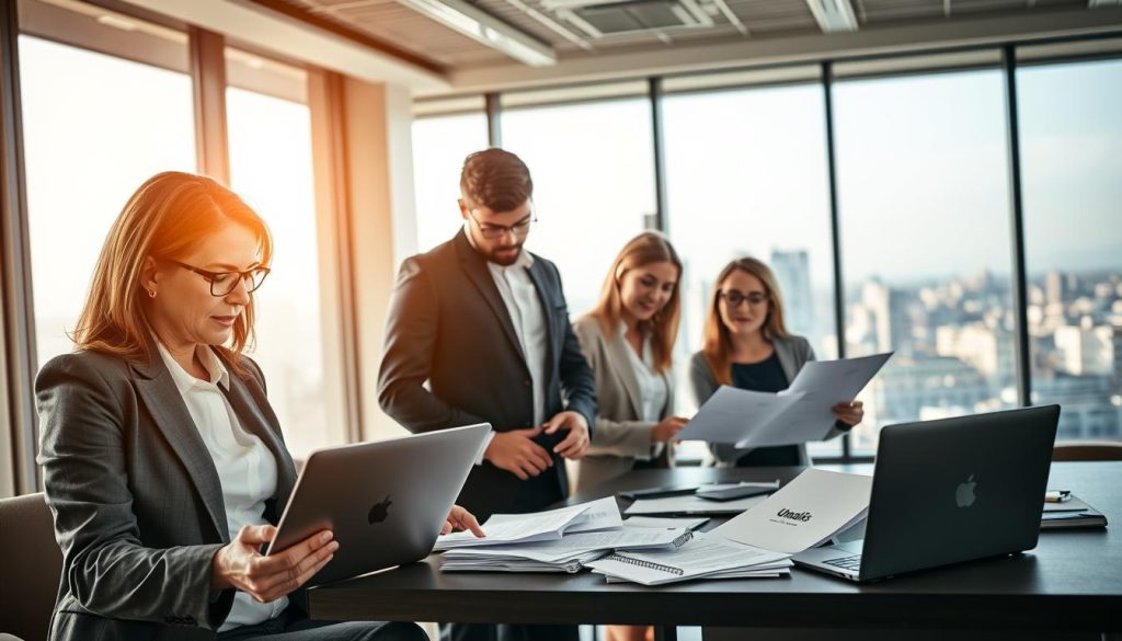 A modern office setting with a professional ambiance, featuring a diverse group of individuals engaged in a collaborative discussion. In the foreground, a middle-aged woman in a smart business suit is analyzing documents on a sleek laptop, surrounded by notes and digital devices. The middle layer shows two young professionals, one male and one female, brainstorming ideas with enthusiasm, their expressions conveying focus and determination. The background reveals a large window with a panoramic city view, allowing natural light to stream in and illuminate the space. The atmosphere should feel dynamic and productive, emphasizing teamwork and innovation associated with optimizing the experience in portage salarial. Include a subtle logo of "Umalis Group" placed on a nearby desk, symbolizing a trusted reference in the field.