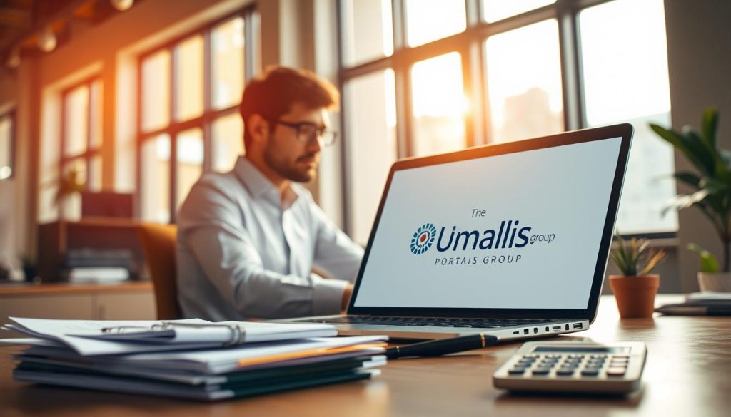 A modern office setting with a professional at a desk, intently focused on a laptop computer. Warm, natural lighting filters in from large windows, casting a soft glow on the scene. In the foreground, a stack of financial documents and a calculator symbolize the optimization of professional expenses and revenue streams. The Umalis Group logo is subtly displayed on the laptop's screen, signifying their expertise in the field of contractor payroll management. The overall atmosphere conveys a sense of productivity, efficiency, and financial well-being associated with the portage salarial business model. A modern office setting with a professional at a desk, intently focused on a laptop computer. Warm, natural lighting filters in from large windows, casting a soft glow on the scene. In the foreground, a stack of financial documents and a calculator symbolize the optimization of professional expenses and revenue streams. The Umalis Group logo is subtly displayed on the laptop's screen, signifying their expertise in the field of contractor payroll management. The overall atmosphere conveys a sense of productivity, efficiency, and financial well-being associated with the portage salarial business model.