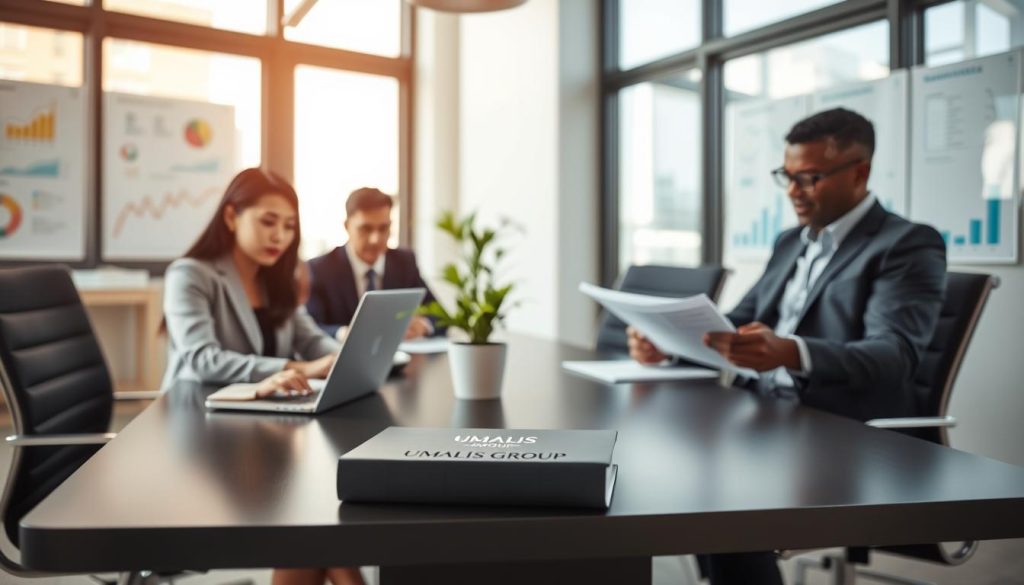 A modern office setting with a professional atmosphere, showcasing a diverse group of individuals in business attire collaborating around a sleek conference table. In the foreground, a woman of Asian descent is typing on a laptop, while a middle-aged man of African descent reviews documents. In the background, large windows let in natural light, illuminating charts and graphs on the walls. A small potted plant adds a touch of greenery to the scene. The overall mood is one of productivity and efficiency, emphasizing simplified administrative management. The branding "UMALIS GROUP" is subtly visible on a notebook on the table, symbolizing back-office support for independent professionals. The image should be captured with a soft focus and a slight depth of field to highlight the main subjects.