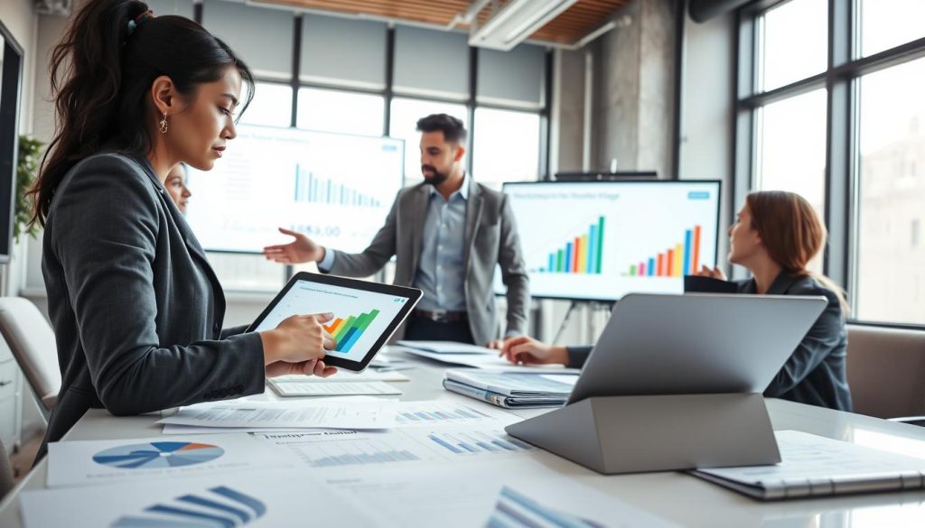 A modern office setting with a professional atmosphere, showcasing a diverse group of business professionals collaborating over a large table filled with financial documents and charts. In the foreground, a focused woman in business attire reviews a colorful graph on her tablet, representing optimized remuneration strategies. In the middle, a man gestures towards a financial presentation on a screen, emphasizing realistic strategies under salary cap constraints. The background features a large window with natural light pouring in, creating a bright and inviting mood. Subtle details like a 'UMALIS GROUP' logo on the table add context while maintaining professionalism. The overall tone is one of teamwork, ambition, and strategic planning, encouraging viewers to visualize effective solutions within business constraints.