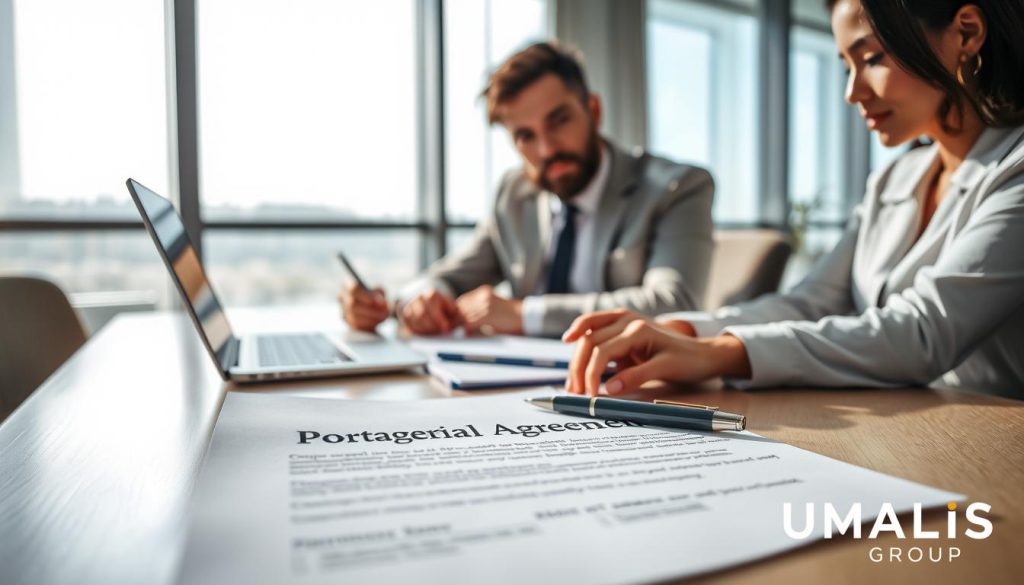 A modern office setting with a professional atmosphere, where two diverse business people, one male and one female, dressed in professional attire, are seated at a conference table examining documents. The foreground features a close-up of a contract document titled "Portage Salarial Agreement" with a pen resting on it. In the middle ground, a laptop and a notepad filled with notes about the checks required before signing are visible. The background showcases a bright office environment with large windows allowing natural light to flood in, creating an inviting and focused mood. Soft shadows are cast across the table, highlighting the seriousness of the discussion. Include a logo of "UMALIS GROUP" subtly in the corner, ensuring the image remains professional and focused on the theme of verification before signing.