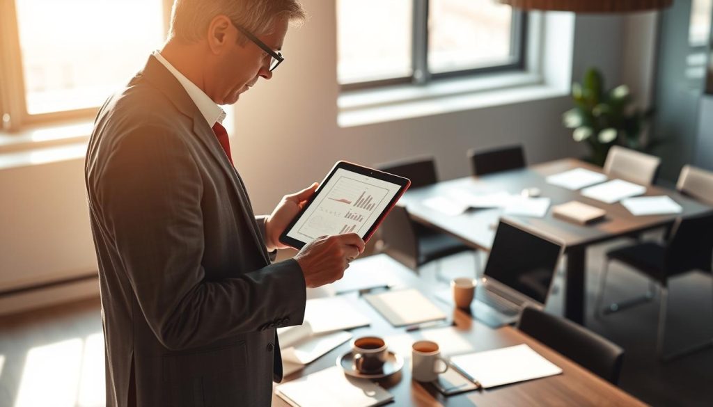 A modern office setting with a professional business consultant optimizing a legal and commercial offer. In the foreground, a well-dressed individual, a middle-aged person with glasses, examines a digital tablet displaying graphs and legal documents. The middle-ground features a sleek conference table cluttered with papers, a laptop, and a coffee cup, while a large window in the background lets in natural light, illuminating the scene. The atmosphere is focused and dynamic, suggesting an environment of collaboration and innovation. Soft shadows create depth, while a warm color palette enhances the professional yet welcoming mood. The image portrays a sense of purpose and strategic thinking without any text or distracting elements.