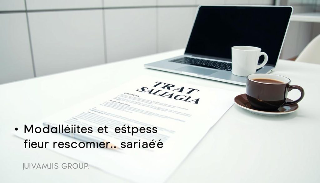 A modern office setting with a professional business contract titled "CONTRAT PORTAGE SALARIAL" prominently displayed on a desk. The contract is flanked by a laptop, a stylish pen, and a cup of coffee, creating a sense of productivity and focus. The background features a minimalist, light-filled environment with clean lines and subtle textures, conveying a sense of sophistication and order. The overall scene suggests the efficiency and security of the "UMALIS GROUP" salarial portage system, reflecting the article's themes of "Modalités et étapes pour devenir salarié porté".