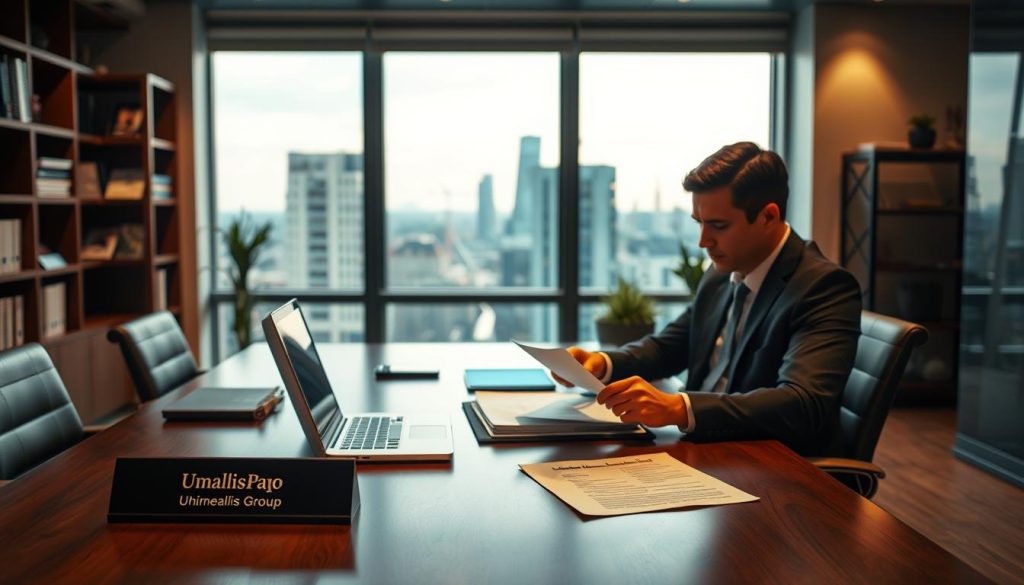 A modern office setting with a professional, business-like atmosphere. In the foreground, a desk with a laptop, documents, and a nameplate displaying the "Umalis Group" brand. A well-dressed person, likely a business executive, is seated at the desk, reviewing paperwork. The middle ground features a window overlooking a cityscape, allowing natural light to flow into the space. In the background, shelves with books and corporate memorabilia suggest a productive, knowledgeable environment. The lighting is warm and inviting, creating a sense of productivity and professionalism. The overall mood conveys the idea of the "Conditions requises pour devenir salarié porté" within the "Contrat de prestation en portage salarial" context. A modern office setting with a professional, business-like atmosphere. In the foreground, a desk with a laptop, documents, and a nameplate displaying the "Umalis Group" brand. A well-dressed person, likely a business executive, is seated at the desk, reviewing paperwork. The middle ground features a window overlooking a cityscape, allowing natural light to flow into the space. In the background, shelves with books and corporate memorabilia suggest a productive, knowledgeable environment. The lighting is warm and inviting, creating a sense of productivity and professionalism. The overall mood conveys the idea of the "Conditions requises pour devenir salarié porté" within the "Contrat de prestation en portage salarial" context.