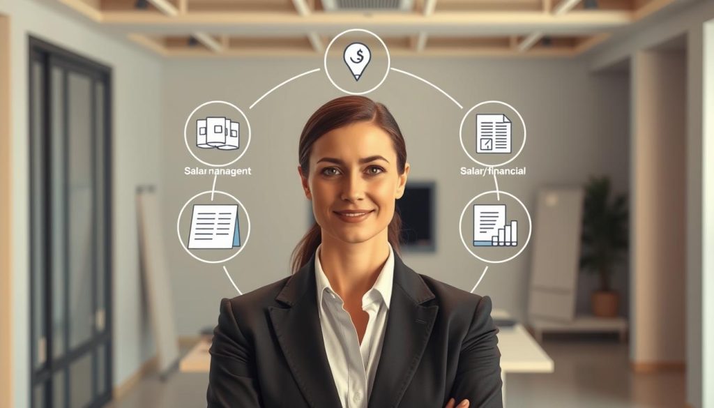 A modern office setting with a professional business person in the foreground, surrounded by key elements of the "portage salarial" concept. The scene is bathed in warm, directional lighting, creating a sense of professionalism and expertise. In the middle ground, subtle visual references to salary management, payroll, and legal/financial paperwork. In the background, a minimalist, clean office environment with neutral tones and clean lines, conveying a sense of order and organization. The overall mood is one of competence, efficiency, and a clear understanding of the nuances of the "portage salarial" process.