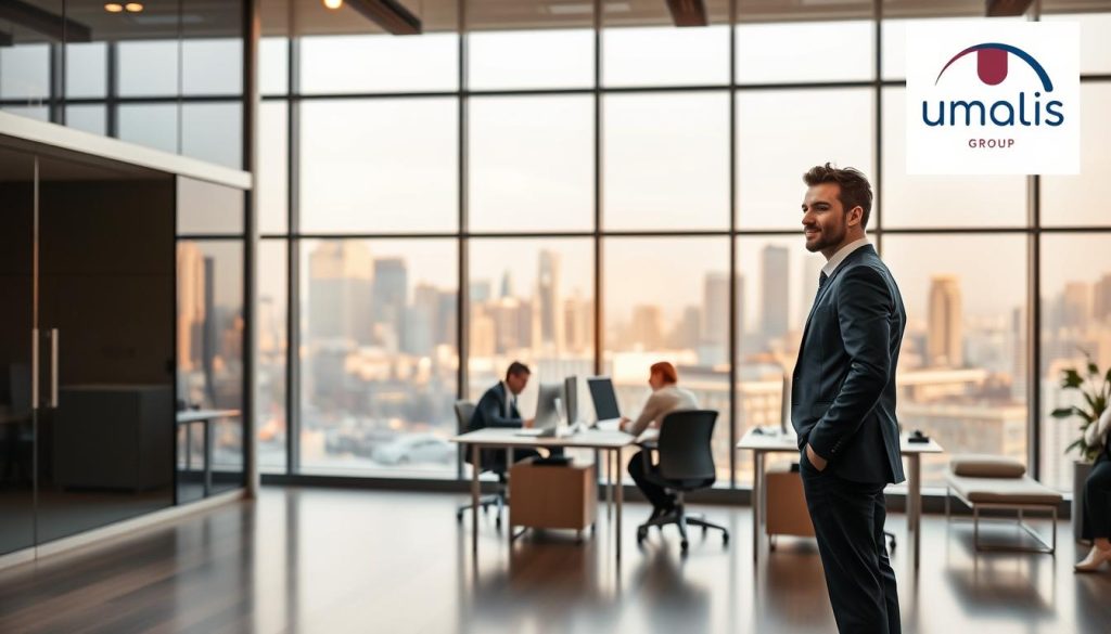 A modern office setting with a professional business person standing in the foreground, dressed in formal attire, looking thoughtfully at the camera. In the middle ground, a small group of workers collaborating at desks, surrounded by sleek furniture and minimalist decor. In the background, a large window overlooking a bustling urban skyline, bathed in warm, diffused natural lighting. The scene conveys a sense of dynamism, productivity, and the transition between employment and self-employment, representing the "portage salarial" concept. The Umalis Group logo subtly displayed in the corner, highlighting their expertise in this domain.