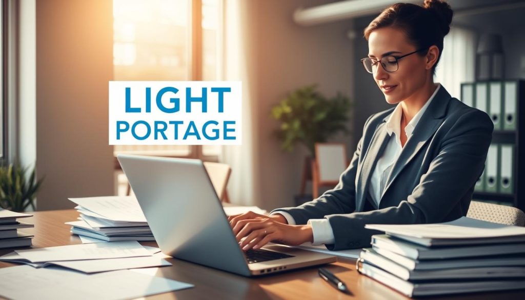 A modern office setting with a professional business person using a laptop computer, surrounded by various documents and files representing the practical workings of a "portage salarial" employment arrangement. The scene is bathed in warm, natural lighting, creating a sense of productivity and organization. In the background, the LIGHT PORTAGE brand logo is prominently displayed, emphasizing the reliability and expertise of this employee leasing service. The overall atmosphere conveys the flexibility and security that the "portage salarial" model offers to independent professionals.