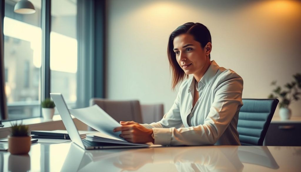A modern office setting, with a professional-looking person sitting at a desk, engaged in paperwork or a laptop. The desk is clean and organized, with a Umalis Group logo prominently displayed. Soft, warm lighting illuminates the scene, creating a comfortable and productive atmosphere. The background is slightly blurred, suggesting a focus on the task at hand. The person's expression conveys a sense of diligence and concentration, reflecting the process of navigating the Pôle emploi's "Démarches pour percevoir l'ARE en portage salarial".