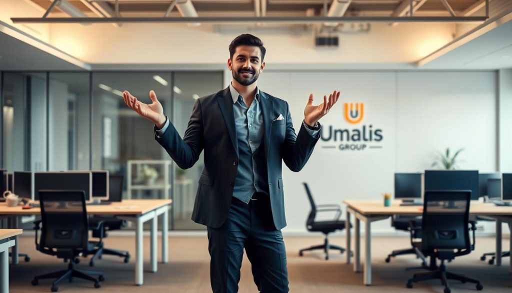 A modern office setting with a professional yet flexible atmosphere. In the foreground, a stylish, well-dressed business person gestures expressively, embodying the concept of "flexibilité professionnelle." In the middle ground, desks and chairs in a minimalist, open-plan layout suggest a collaborative workspace. In the background, the Umalis Group logo is prominently displayed, conveying a sense of security and professionalism. The lighting is soft and warm, creating a welcoming, productive ambiance. The overall composition evokes a harmonious blend of individualism and teamwork, reflecting the "portage salarial" approach championed by Umalis Group.