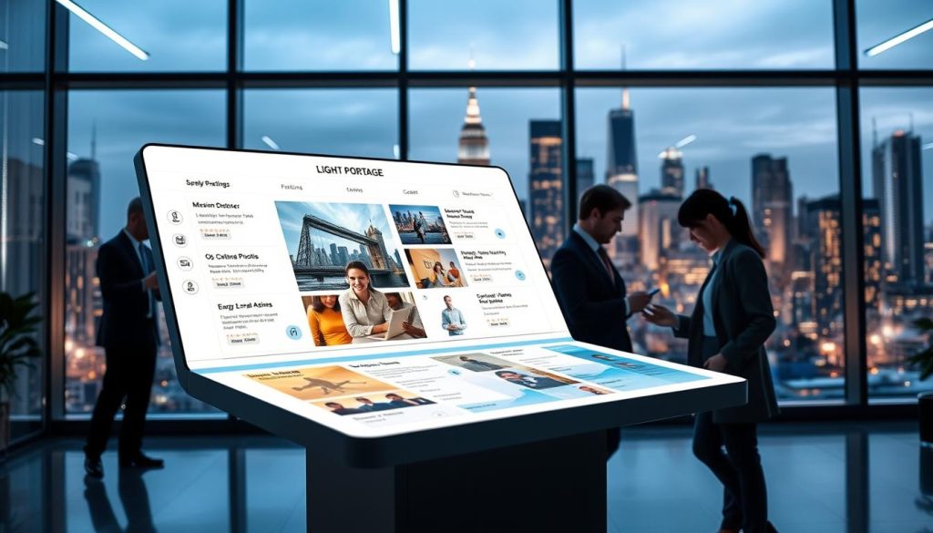 A modern office setting with a sleek LIGHT PORTAGE platform featured prominently in the foreground. The platform showcases various mission opportunities and job postings, its digital interface glowing with a warm, inviting light. In the middle ground, professionals in business attire are actively engaged with the platform, browsing and applying for positions. The background depicts a dynamic city skyline, hinting at the wide range of opportunities available through the LIGHT PORTAGE platform. The scene conveys a sense of productivity, innovation, and the empowerment of independent professionals seeking fulfilling work.