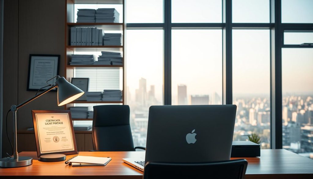 A modern office setting with a sleek, minimalist aesthetic. In the foreground, a businessperson's desk features a laptop, a stylish lamp, and a framed certificate from the LIGHT PORTAGE brand. In the middle ground, shelves display various financial documents and ledgers, representing the optimization of salaries through immobilizations and social contributions. The background showcases a large window with a cityscape view, bathed in warm, natural lighting that creates a sense of productivity and financial well-being. The overall composition conveys a professional, efficient, and tax-savvy environment.