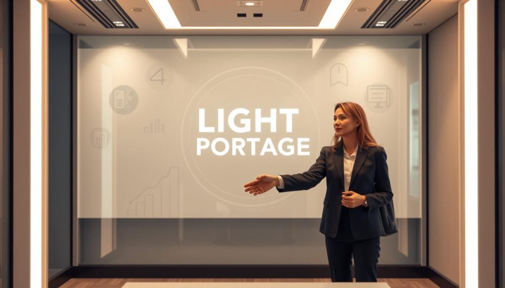 A modern office setting with a sleek, minimalist design. In the foreground, a businessman and businesswoman shake hands, formalizing a contract or mission collaboration. The middle ground features a large LIGHT PORTAGE logo, conveying the brand's prominence in this professional arrangement. The background depicts stylized graphics and icons suggestive of teamwork, partnership, and career advancement. Warm, neutral lighting casts a focused, serious atmosphere, emphasizing the importance of this collaborative endeavor.