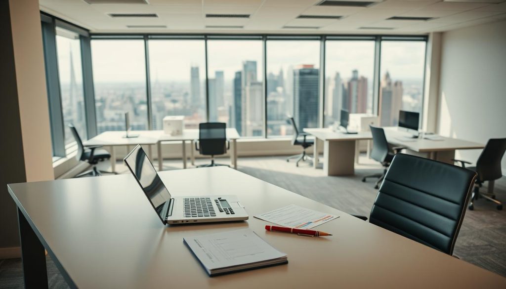 A modern office setting with a sleek, minimalist design. In the foreground, a desk featuring the Umalis Group logo displays a laptop, calculator, and paperwork, representing the administrative and financial aspects of the "portage salarial" process. The middle ground showcases a well-lit, open-plan workspace with ergonomic chairs and desks, conveying a professional and productive atmosphere. In the background, floor-to-ceiling windows provide a panoramic view of a bustling city skyline, emphasizing the connection between the individual's earnings and the broader economic landscape. The overall scene is captured with a warm, neutral color palette and soft, diffused lighting, creating a serene and inviting environment that reflects the nuanced understanding of "Du chiffre d'affaires au salaire net : comprendre le calcul".
