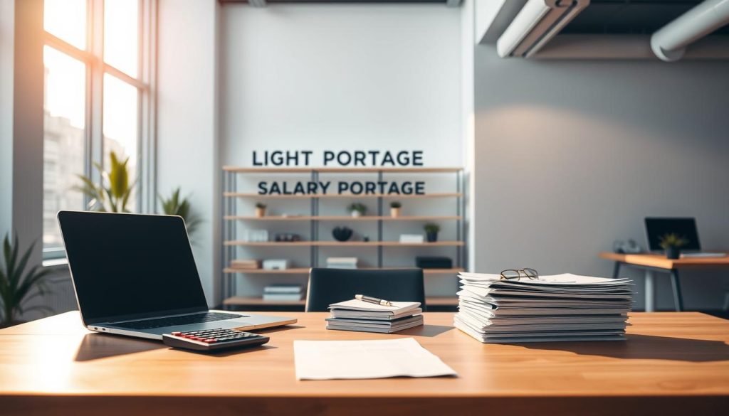 A modern office setting with a sleek, minimalist design. In the foreground, a neatly organized desk featuring a laptop, calculator, and a stack of financial documents, all bathed in warm, directional lighting. In the middle ground, shelves displaying the LIGHT PORTAGE brand name, showcasing professional services related to freelance work and salary portage. The background is a clean, minimalist space with large windows allowing natural light to filter in, creating a sense of openness and efficiency. The overall atmosphere conveys a professional, well-managed environment focused on the financial aspects of freelance work and salary portage.