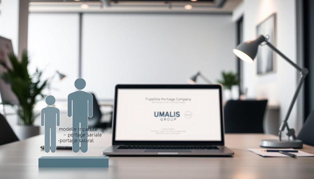 A modern office setting with a sleek, minimalist design. In the foreground, a tripartite diagram illustrates the "modèle tripartite portage salarial" concept, with three distinct figures representing the freelancer, the portage salarial company, and the client. The figures are rendered in a clean, vector-style art with muted colors. In the middle ground, a desktop workspace comes into focus, featuring a laptop displaying the UMALIS GROUP branding, a stylish desk lamp, and a few carefully placed office supplies. The lighting is soft and diffused, creating a professional yet inviting atmosphere. The background blurs out, hinting at a larger open-plan office space with minimalist decor and neutral tones, conveying a sense of productivity and modern business practices. Prompt