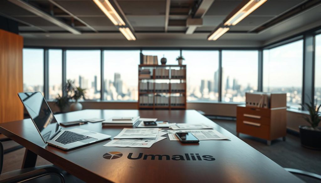 A modern office setting, with a stylish desk featuring the Umalis Group logo, showcasing a laptop, smartphone, and paperwork representing various aspects of "rémunération portage salarial". The lighting is warm and inviting, creating a professional yet approachable atmosphere. In the middle ground, a neatly organized filing system and a well-stocked bookshelf suggest attention to detail and a focus on financial management. The background features a city skyline visible through large windows, conveying a sense of productivity and success. The overall composition emphasizes the streamlined, efficient, and rewarding nature of the "rémunération portage salarial" process.