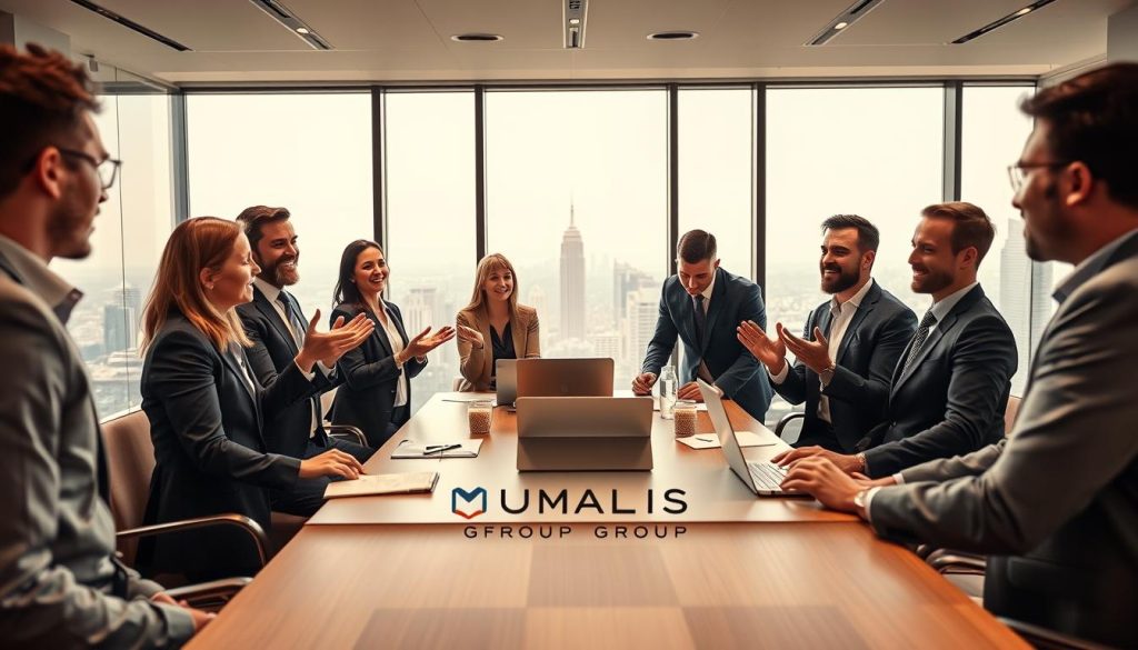A modern office setting with a team of diverse professionals discussing international business opportunities. In the foreground, a group of well-dressed individuals gesturing animatedly, their faces expressing enthusiasm. The middle ground features a large conference table with laptops, papers, and a prominent UMALIS GROUP logo. The background showcases a panoramic city skyline, hinting at the global reach of the company. Warm, natural lighting illuminates the scene, creating a sense of professionalism and collaboration. The overall atmosphere conveys the advantages of international portage salarial, where skilled consultants and enterprises can seamlessly navigate global markets.