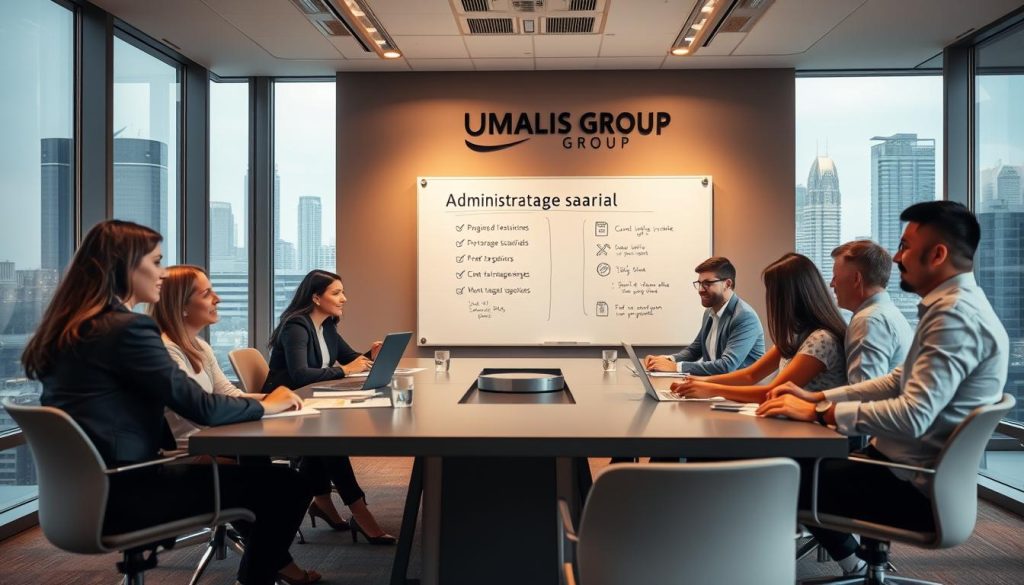 A modern office setting with a team of professionals discussing the administrative aspects of portage salarial. In the foreground, a group of people sit around a sleek conference table, reviewing documents and laptops, their expressions focused and collaborative. The middle ground features a large, minimalist whiteboard with key information about the portage salarial process. In the background, floor-to-ceiling windows offer a view of a bustling city skyline, conveying a sense of professionalism and success. Warm, directional lighting casts subtle shadows, creating depth and a sense of atmosphere. The UMALIS GROUP logo is prominently displayed on the wall, indicating this is a meeting within their organization.