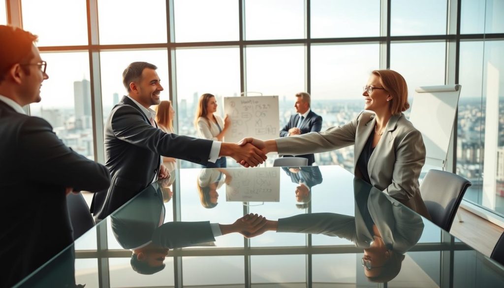 A modern office setting with a team of professionals engaged in a collaborative "portage salarial" arrangement. In the foreground, two business executives are shaking hands over a glass-topped conference table, signifying a mutually beneficial agreement. In the middle ground, a group of employees are brainstorming ideas on a large whiteboard, their expressions focused and engaged. The background features a panoramic city skyline visible through floor-to-ceiling windows, bathed in warm, natural lighting that illuminates the scene. The overall atmosphere conveys a sense of professionalism, efficiency, and successful partnership.