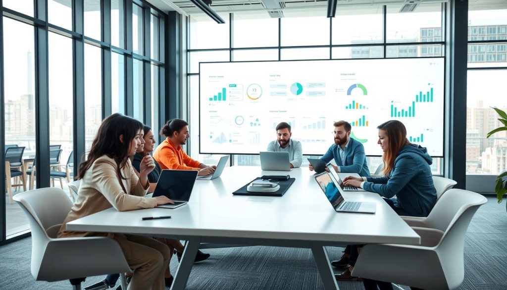 A modern office setting with a team of professionals engaged in digital collaboration. In the foreground, a group of diverse individuals gathered around a sleek, minimalist conference table, laptops and tablets in hand, discussing innovative solutions for the future of salaried employment. The middle ground features a large, floor-to-ceiling interactive whiteboard, projecting data visualizations and workflow diagrams. The background showcases floor-to-ceiling windows, allowing natural light to flood the space and create a sense of openness and transparency. The overall atmosphere is one of creativity, productivity, and a forward-thinking approach to the evolving landscape of salaried work.