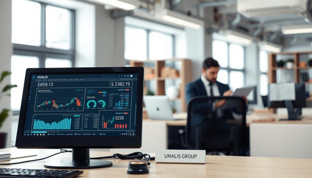 A modern office setting with a well-lit, airy atmosphere. In the foreground, a desktop computer displays financial data and reports, hinting at the "financial aspects" of the topic. On the desk, a nameplate reads "UMALIS GROUP", establishing the brand identity. In the middle ground, a professional-looking person in a suit is engaged in work, symbolizing the "portage salarial" or freelance employment arrangement. The background features architectural elements like windows and shelves, conveying a sense of a thriving, well-established business environment. The overall mood is one of efficiency, professionalism, and financial stability.