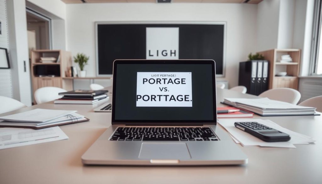 A modern office setting with an array of administrative documents and devices. In the foreground, a laptop displaying the LIGHT PORTAGE brand, representing the freelance vs. portage salarial comparison. The middle ground features a desk with a pen, calculator, and files, conveying the administrative tasks involved. The background showcases a minimalist, well-lit environment with clean lines and neutral tones, creating a professional and focused atmosphere. The overall scene captures the essence of the "freelance vs portage salarial: le comparatif approfondi" section, highlighting the administrative aspects of both employment models.