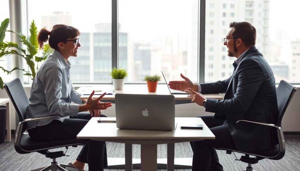 A modern office setting with an energetic, professional atmosphere. In the foreground, two individuals sit at adjacent desks, one in a casual business attire, the other in a more formal suit. They engage in a lively discussion, gesturing animatedly. The middle ground features a sleek, minimalist desk setup with a laptop, stationery, and a potted plant, creating a sense of organized productivity. The background showcases an expansive window with a cityscape view, bathed in soft, natural lighting that filters through. The overall scene conveys the nuanced differences between the flexible, self-directed nature of freelance work and the structured, salaried environment of Portage Salarial.
