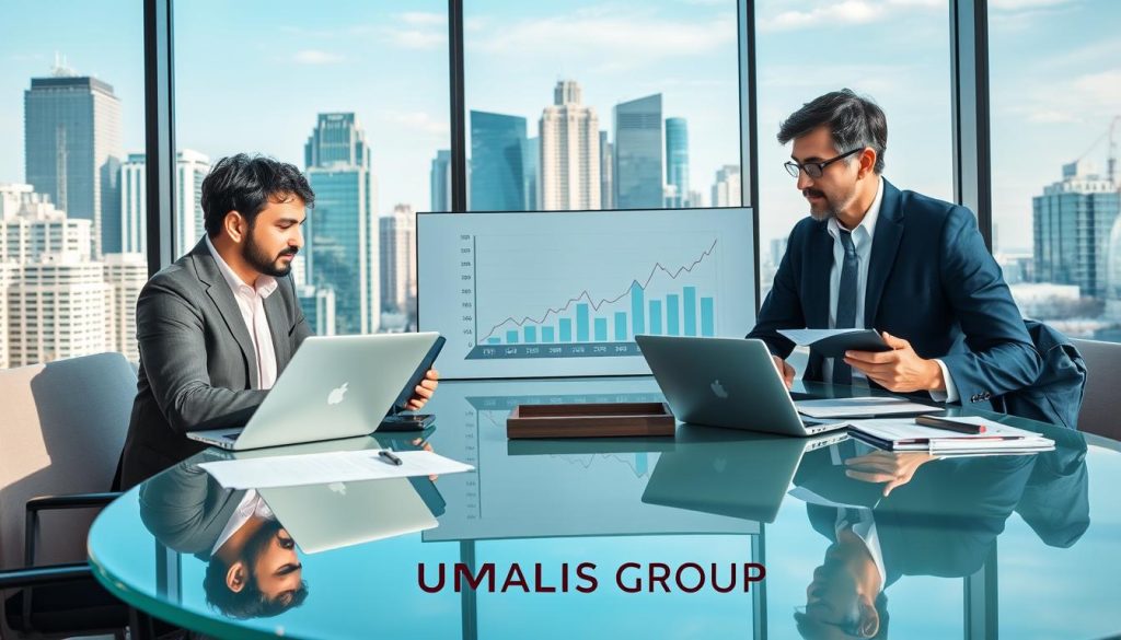 A modern office setting with financial professionals engaged in a discussion about "portage salarial" and the calculation of the Taux Journalier Moyen (TJM). In the foreground, a group of three diverse business people in professional attire—two men and one woman—are gathered around a sleek, glass conference table. They are reviewing financial charts and documents, analyzing data on laptops and tablets. In the middle, a large digital display shows a complex graph related to financial forecasting and calculations. The background features a panoramic window overlooking a bustling cityscape, filled with tall buildings under a bright blue sky. Soft, natural lighting filters through the glass, creating a productive and focused atmosphere. The brand name "UMALIS GROUP" is subtly integrated into the scene, perhaps on a presentation slide or a branded item on the table.