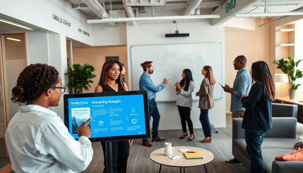 A modern office setting with minimalist design elements, warm lighting, and a group of diverse professionals engaged in a collaborative onboarding session. In the foreground, a Umalis Group employee guides new clients through a interactive touchscreen display, explaining key onboarding strategies. The middle ground features colleagues brainstorming ideas on a whiteboard, while the background showcases an open floor plan with sleek furniture and floor-to-ceiling windows. The overall atmosphere conveys a sense of professionalism, productivity, and a welcoming client-centric approach.