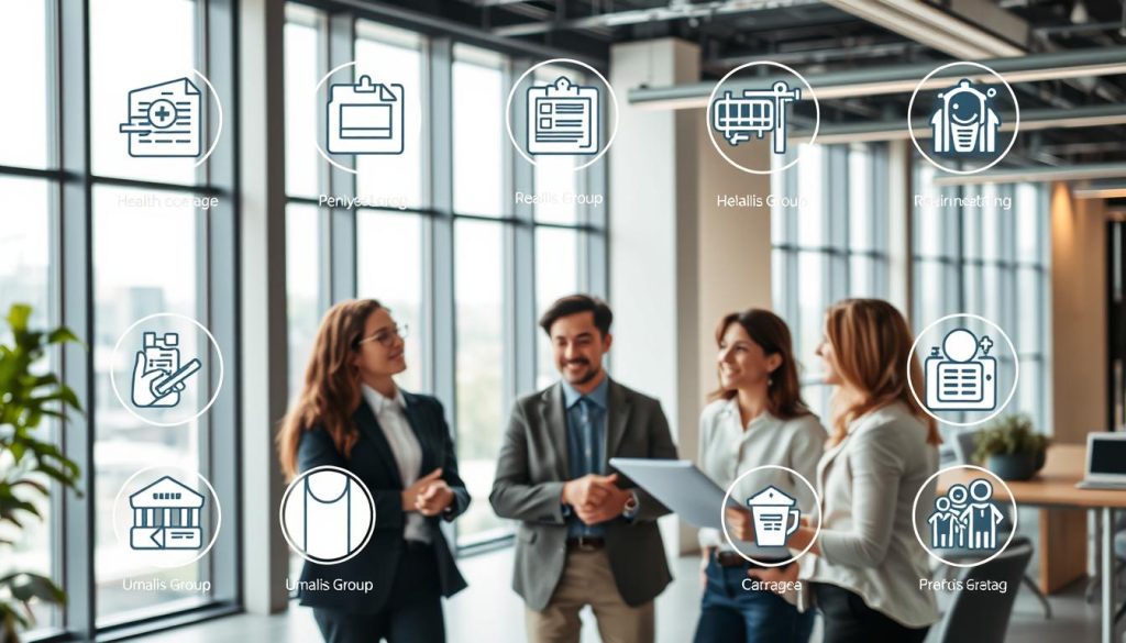 A modern office setting with professionals discussing business strategies, surrounded by icons representing social benefits for companies. In the foreground, a group of Umalis Group employees are engaged in a collaborative meeting, their expressions conveying a sense of purpose and enthusiasm. The middle ground features stylized visuals of healthcare coverage, retirement plans, and other employee perks. The background showcases a sleek, minimalist workspace with large windows, allowing natural light to flood the scene and create a warm, inviting atmosphere. The overall composition emphasizes the advantages of social benefits for businesses, highlighting Umalis Group's expertise in this domain.