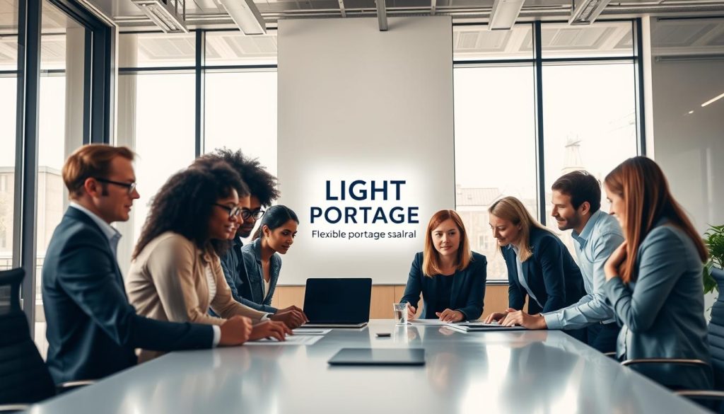 A modern office setting with professionals engaged in collaborative work. In the foreground, a team of diverse individuals brainstorming around a sleek conference table, their expressions focused and engaged. The middle ground features a LIGHT PORTAGE logo prominently displayed on the wall, conveying the idea of flexible, professional staffing solutions. The background showcases floor-to-ceiling windows, allowing natural light to flood the space and create a warm, inviting atmosphere. The overall scene emanates a sense of productivity, innovation, and the versatility of the "portage salarial" concept.