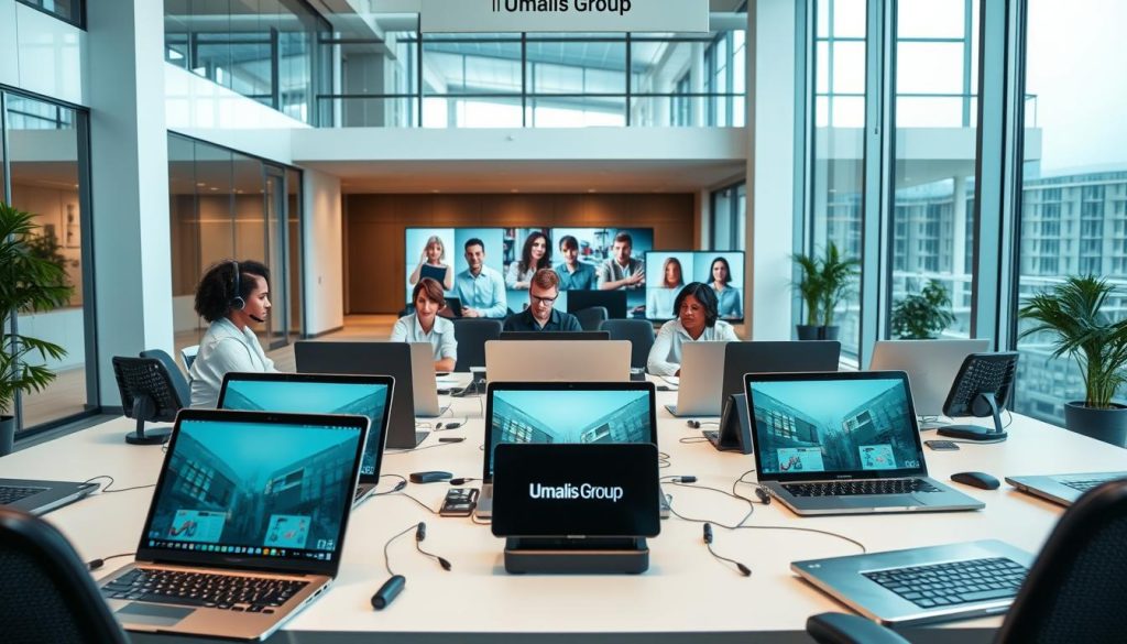 A modern office setting with professionals engaged in online training and virtual networking. In the foreground, an array of laptops, tablets, and headsets are arranged on a clean, minimalist desk, creating a high-tech atmosphere. In the middle ground, several people are interacting via video conferencing, their expressions focused and engaged. The background features sleek, contemporary architecture with large windows, allowing natural light to filter in and creating an airy, productive ambiance. The overall scene conveys a sense of productivity, collaboration, and professional development, with the Umalis Group brand prominently displayed.