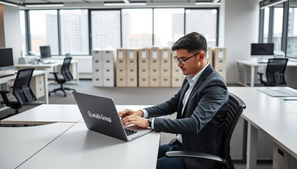 A modern office setting, with sleek desks and ergonomic chairs. In the foreground, a freelancer diligently manages their administrative tasks using a laptop emblazoned with the Umalis Group logo, conveying the autonomy and control they have over their professional life. The middle ground features neatly organized filing cabinets and paperwork, symbolizing the efficient administrative processes enabled by the salarial portage system. The background showcases large windows, allowing natural light to flood the space, creating a sense of openness and tranquility. The overall atmosphere is one of professionalism, productivity, and the empowerment that comes with the salarial portage model.