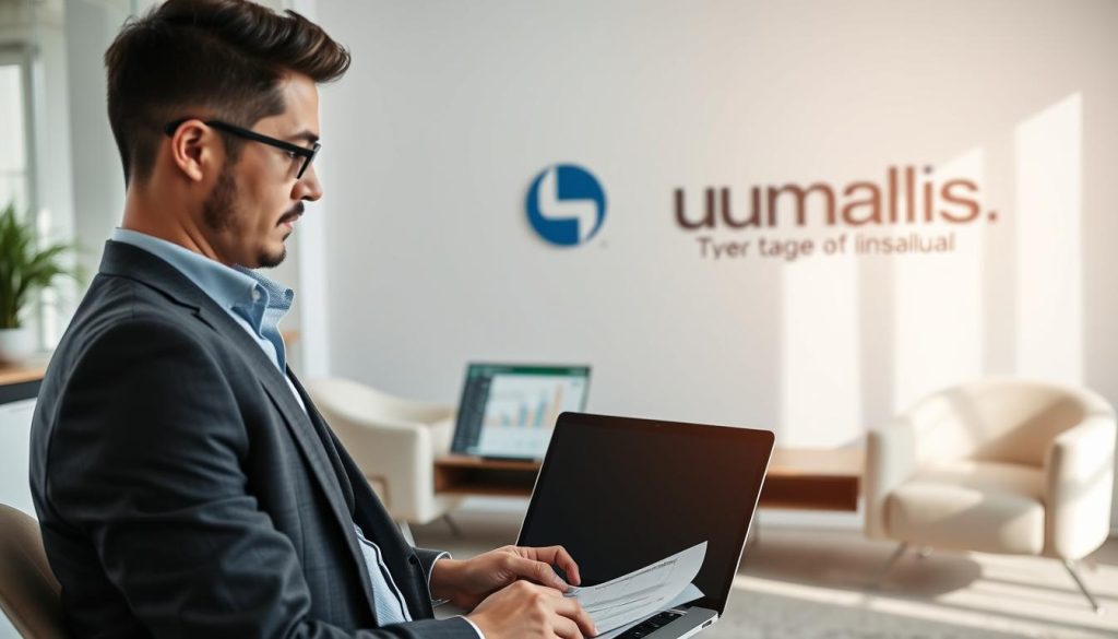 A modern office setting with sleek, minimalist furnishings. The foreground features a well-dressed professional examining financial documents, deep in thought. In the middle ground, a laptop displays a spreadsheet, symbolizing the financial aspects of the "portage salarial" concept. The background showcases the Umalis Group logo, conveying the security and freedom associated with their services. Soft, natural lighting casts a warm, inviting atmosphere, emphasizing the importance of financial considerations in the "portage salarial" for consultants.