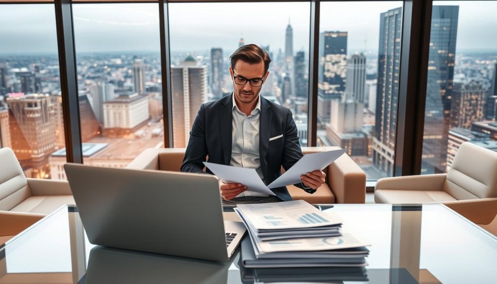 A modern office setting with sleek, minimalist furniture and floor-to-ceiling windows overlooking a bustling city skyline. In the foreground, a laptop and documents sit neatly on a glass-topped desk, representing the administrative tasks of "gestion frais portage salarial". In the middle ground, a stylish, smartly-dressed professional, representing a consultant from the Umalis Group, is reviewing financial documents with a focused expression. The background is bathed in warm, natural lighting, conveying a sense of productivity and efficiency.
