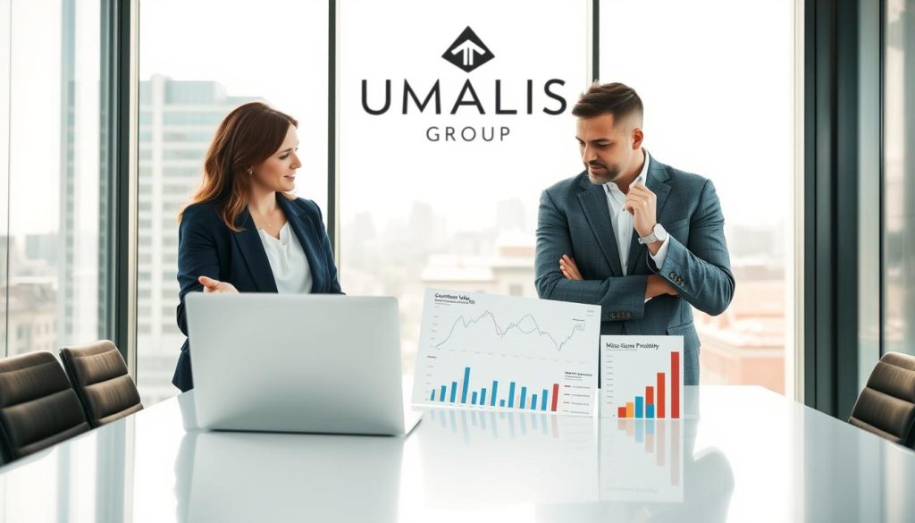 A modern office setting with two business professionals engaged in a thoughtful discussion, analyzing charts and graphs that represent customer value and mission profitability. The foreground features a sleek conference table with a laptop open, displaying financial data, while the middle ground showcases a large glass window with a cityscape view. One of the professionals is a woman in a navy blue blazer and the other a man in a gray suit, both appearing focused and collaborative. Soft, natural lighting illuminates the room, creating a warm and productive atmosphere. In the background, a stylish logo reads "UMALIS GROUP," adding a professional touch.