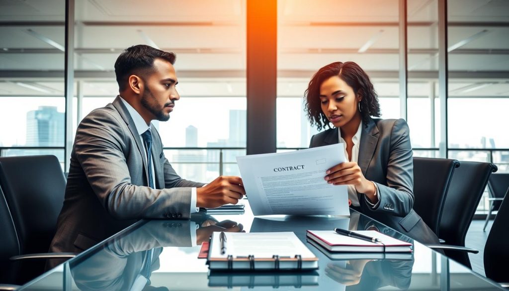 A modern office setting with two professionals engaged in a negotiation over a contract. In the foreground, a diverse pair of individuals, one male and one female, are seated at a sleek glass conference table. Both are dressed in professional business attire, with focused expressions as they review a contract document spread before them. In the middle ground, a stylish laptop and a notebook with notes can be seen, symbolizing a strategic negotiation process. The background features large windows with city views, allowing natural light to illuminate the scene, creating a bright and optimistic atmosphere. The overall mood is one of professionalism and collaboration, emphasizing the importance of effective negotiation strategies in securing favorable contract terms.