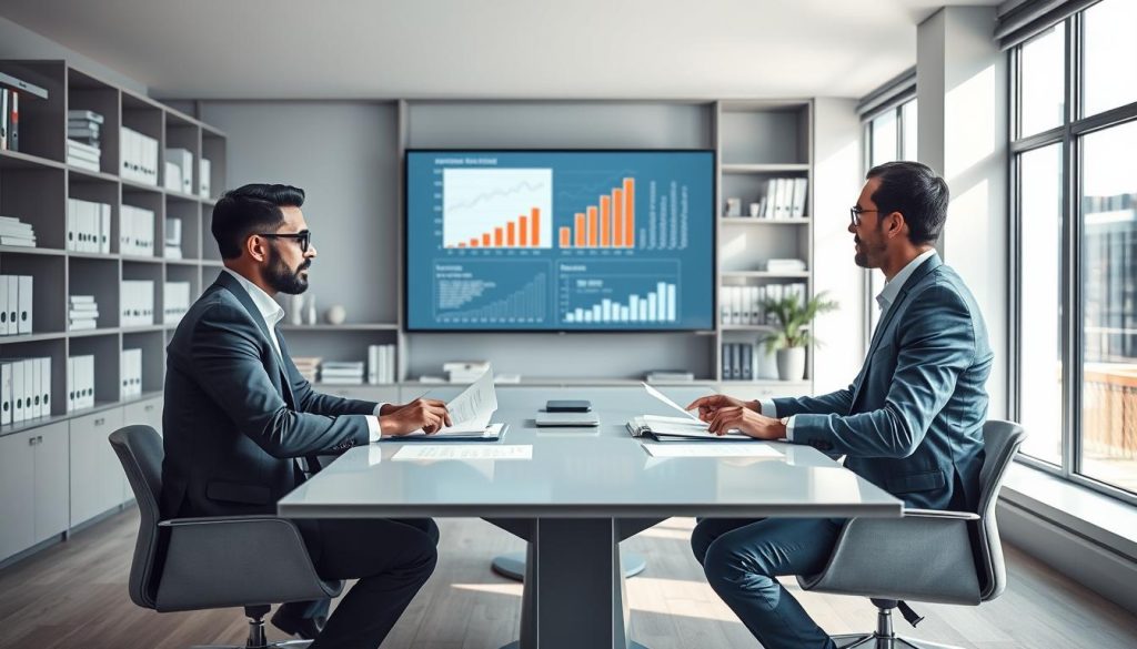 A modern office space depicting the concept of administrative services in portage salarial. In the foreground, a diverse group of three professionals, two men and one woman, are seated around a sleek conference table, reviewing documents and discussing solutions. They are dressed in professional attire, exuding focus and collaboration. In the middle, a large digital screen displays graphs and statistics related to administrative management. The background showcases shelves filled with neatly organized files and books, enhancing the professional atmosphere. Natural light pours in through large windows, casting soft shadows, while a neutral color palette of blues and grays creates a calm, productive mood. The image captures the essence of teamwork and efficiency in administrative tasks.