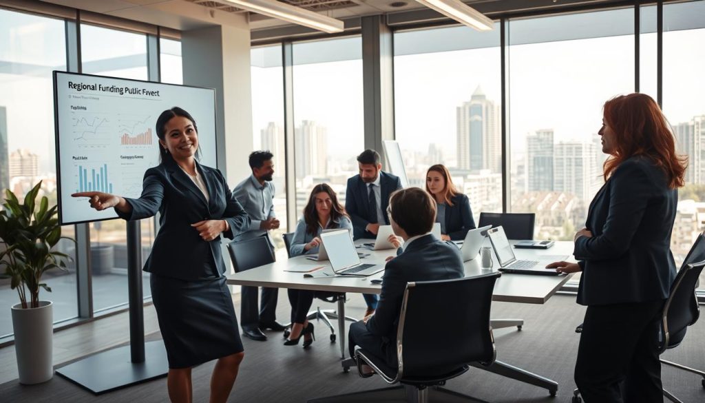 A modern office space displaying a team of diverse professionals engaged in a discussion about regional funding options for salary portage. In the foreground, a confident woman in smart business attire points at a digital display showing graphs and charts related to public financing. In the middle ground, a diverse group of men and women, also in professional attire, collaborate with laptops and documents spread on a sleek conference table. The background features large windows that let in natural light, illuminating the room; a cityscape view highlights a blend of modern architecture. The overall atmosphere is dynamic and focused, reflecting teamwork and the seriousness of public funding initiatives. Soft, warm lighting enhances the professional mood, captured from a slightly elevated angle for depth.