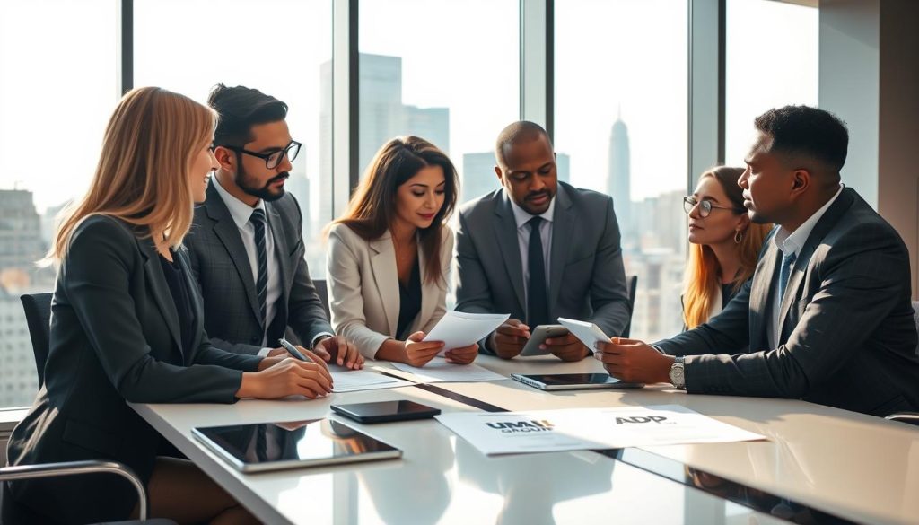 A modern office space featuring a diverse group of professional individuals, including a Caucasian woman and an African-American man, engaged in a collaborative discussion around a sleek conference table. On the table, there are documents and digital devices emphasizing payroll and ADP functionality, with the brand name "UMALIS GROUP" subtly incorporated in a document. The background showcases a city skyline through large windows, illuminated by soft natural light that creates a warm and inviting atmosphere. The individuals are dressed in professional business attire, reflecting a serious yet approachable mood. Capture this scene from a slightly elevated angle to enhance perspective, focusing on the teamwork essence while keeping the details of the documents clearly visible.